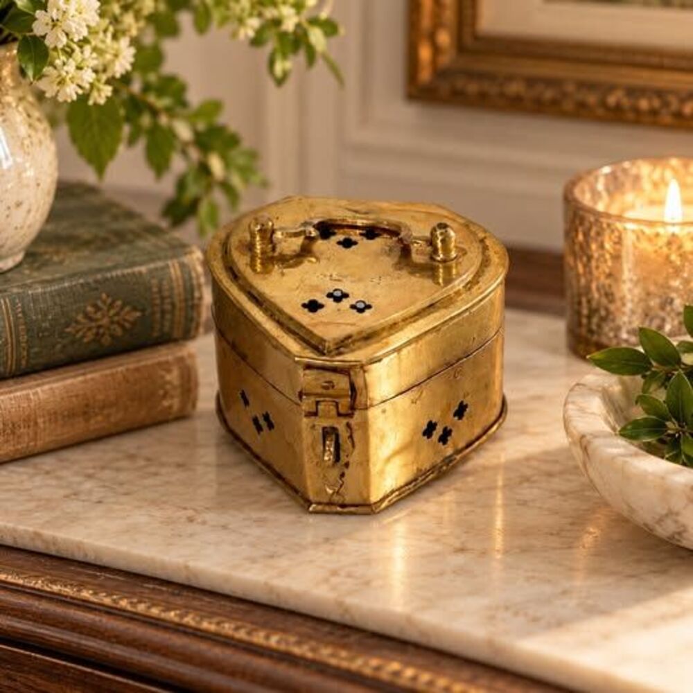 Vintage Brass Heart Shaped Potpourri Box Pierced Metal Trinket Keepsake Box